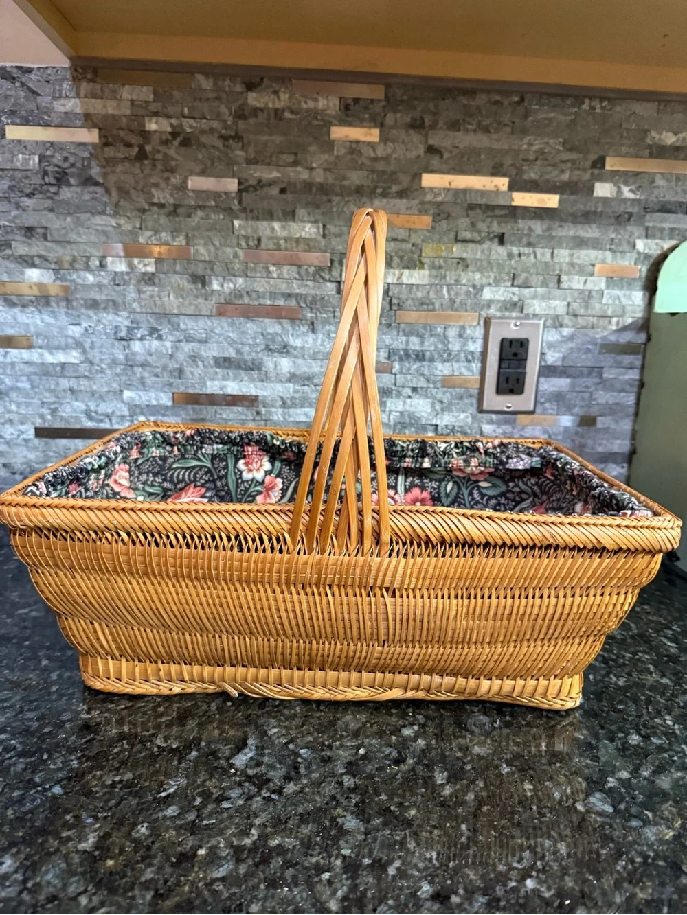 Vintage Large Boho Rattan Floral Linen Lined Basket